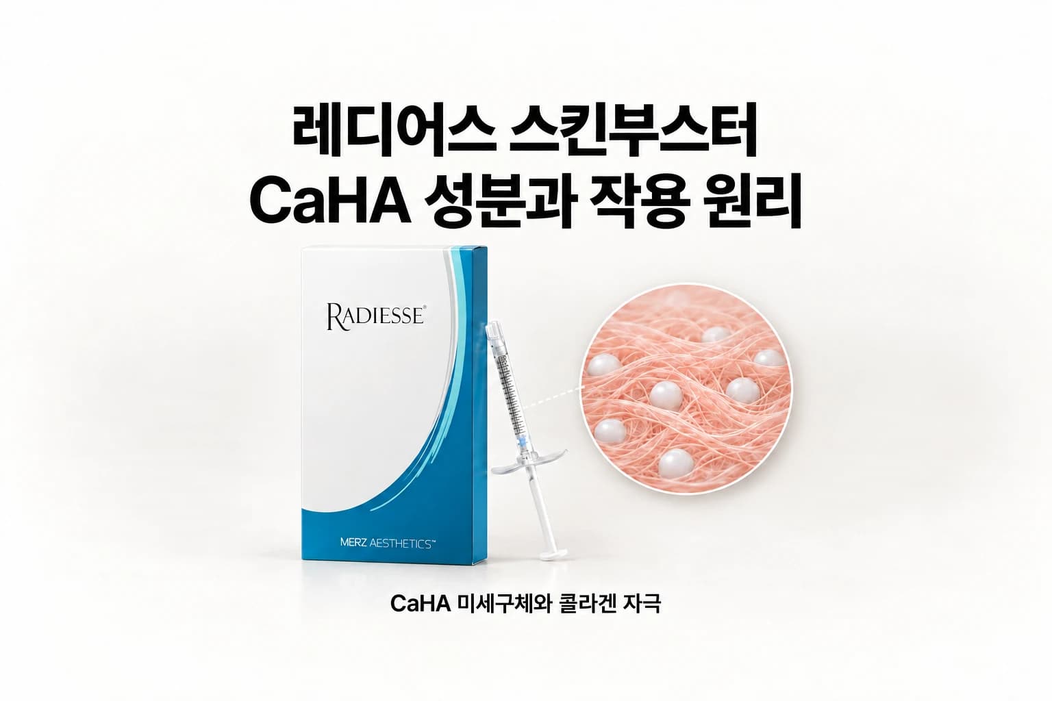레디어스 스킨부스터 주사 제형과 CaHA 미세구체·콜라겐 섬유 확대 이미지 썸네일