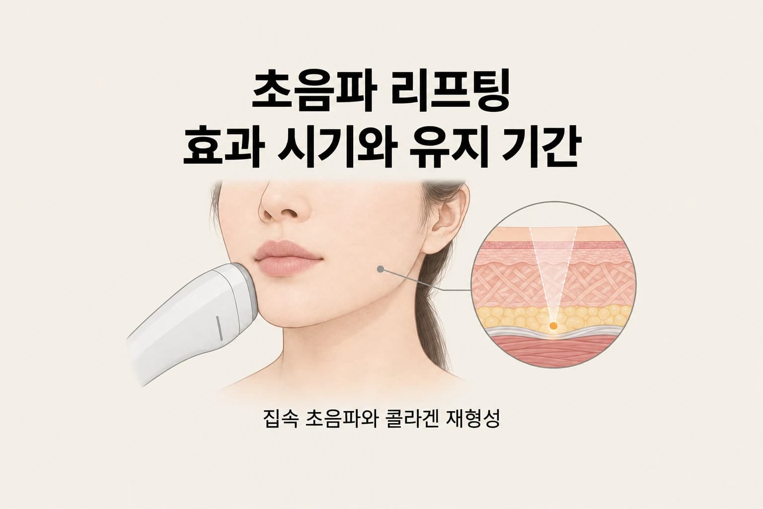 턱선에 닿은 초음파 핸드피스와 피부 속 에너지 집속을 보여주는 초음파 리프팅 썸네일