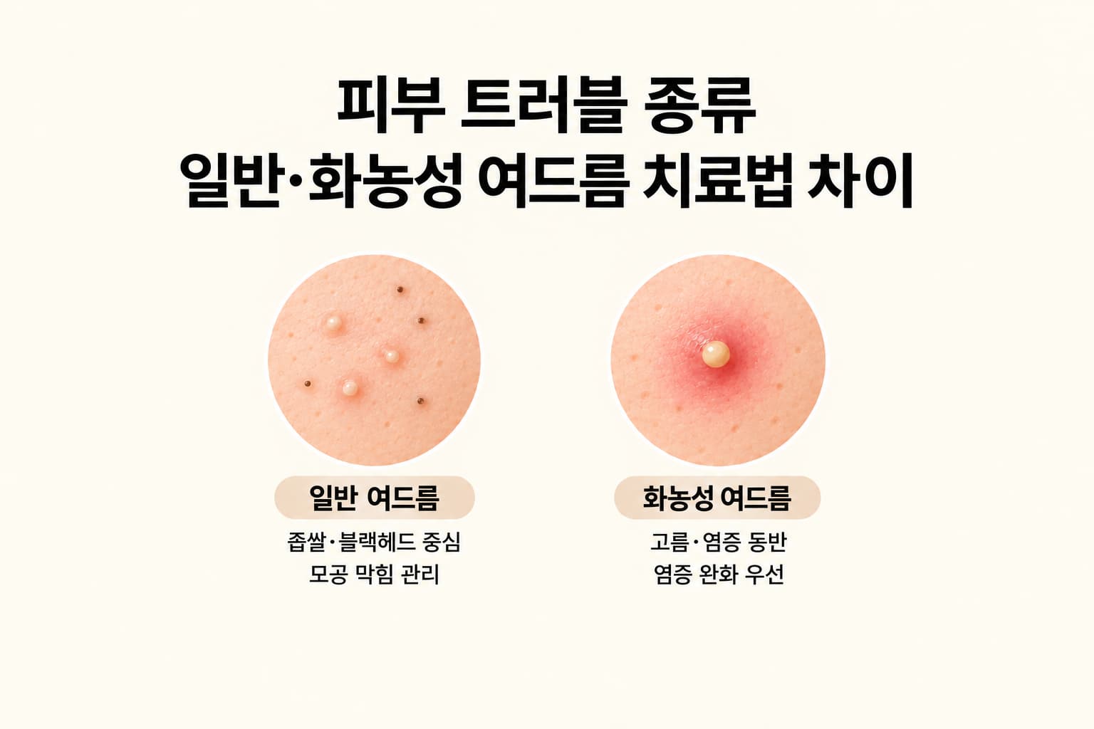일반 여드름과 화농성 여드름의 주요 특징·치료 방향 차이를 보여주는 썸네일