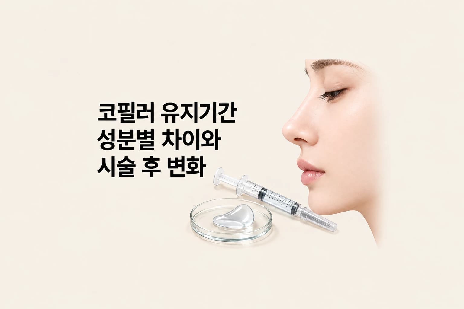 코 옆모습과 필러 주사기 이미지가 첨부된 코필러 유지기간과 시술 후 변화를 설명하는 썸네일